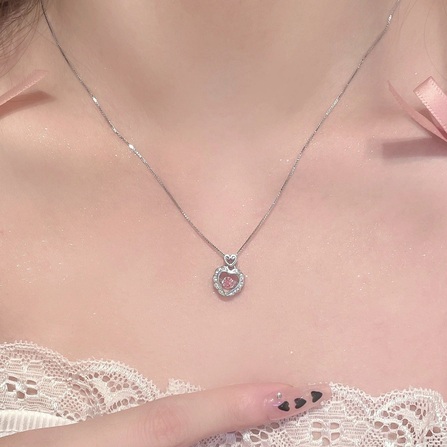 Elegant Pink Crystal Rolling Heart Pendant Necklace