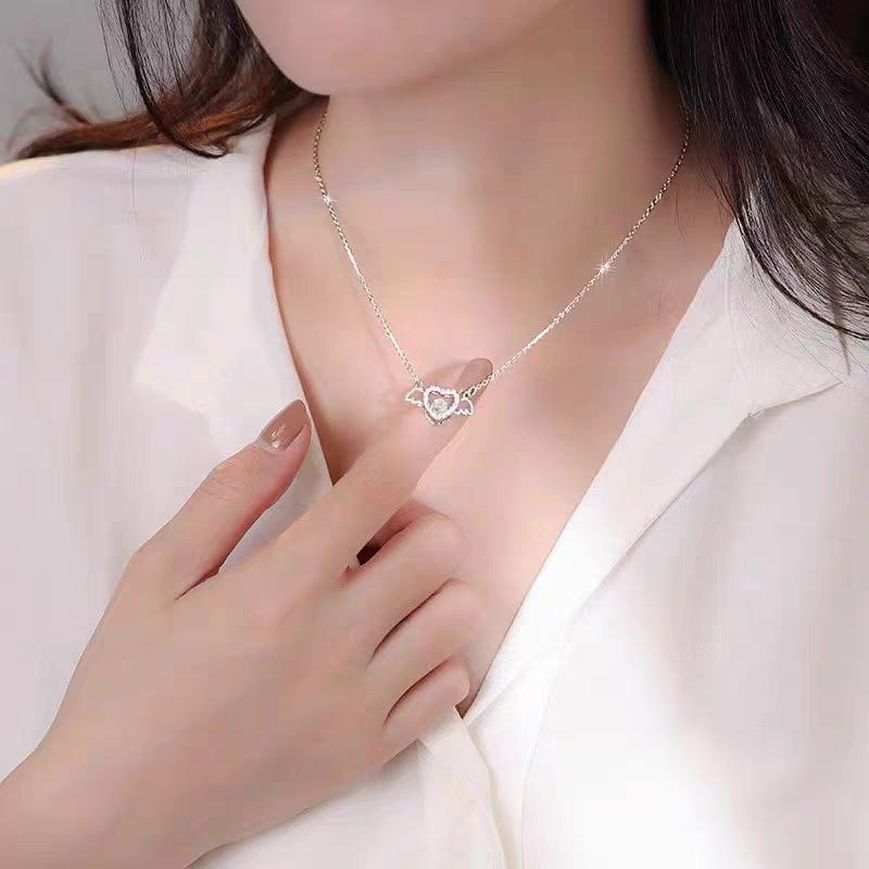 Elegant Rolling Crystal Angel Heart Wings Necklace