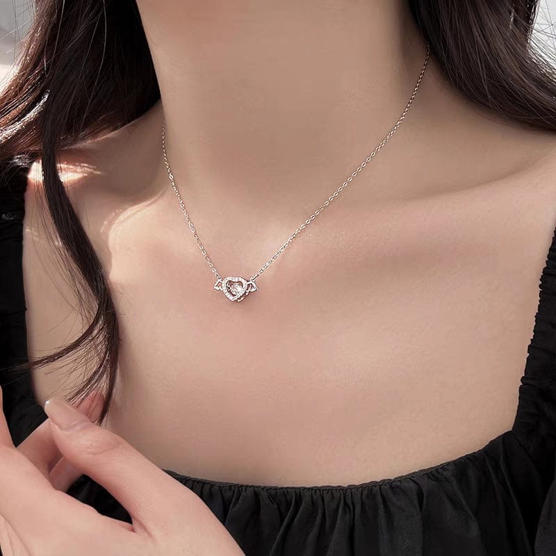Elegant Rolling Crystal Angel Heart Wings Necklace
