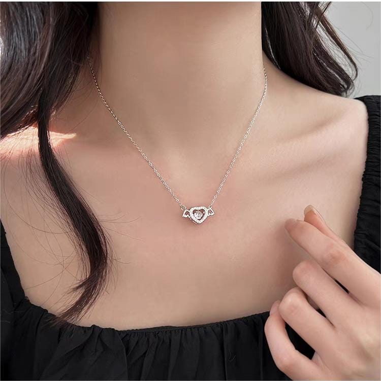 Elegant Rolling Crystal Angel Heart Wings Necklace