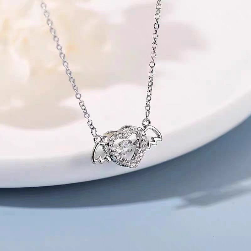 Elegant Rolling Crystal Angel Heart Wings Necklace