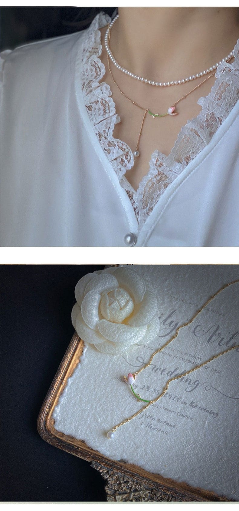 Collier chaîne rolo avec breloque en perles de tulipe en émail doux