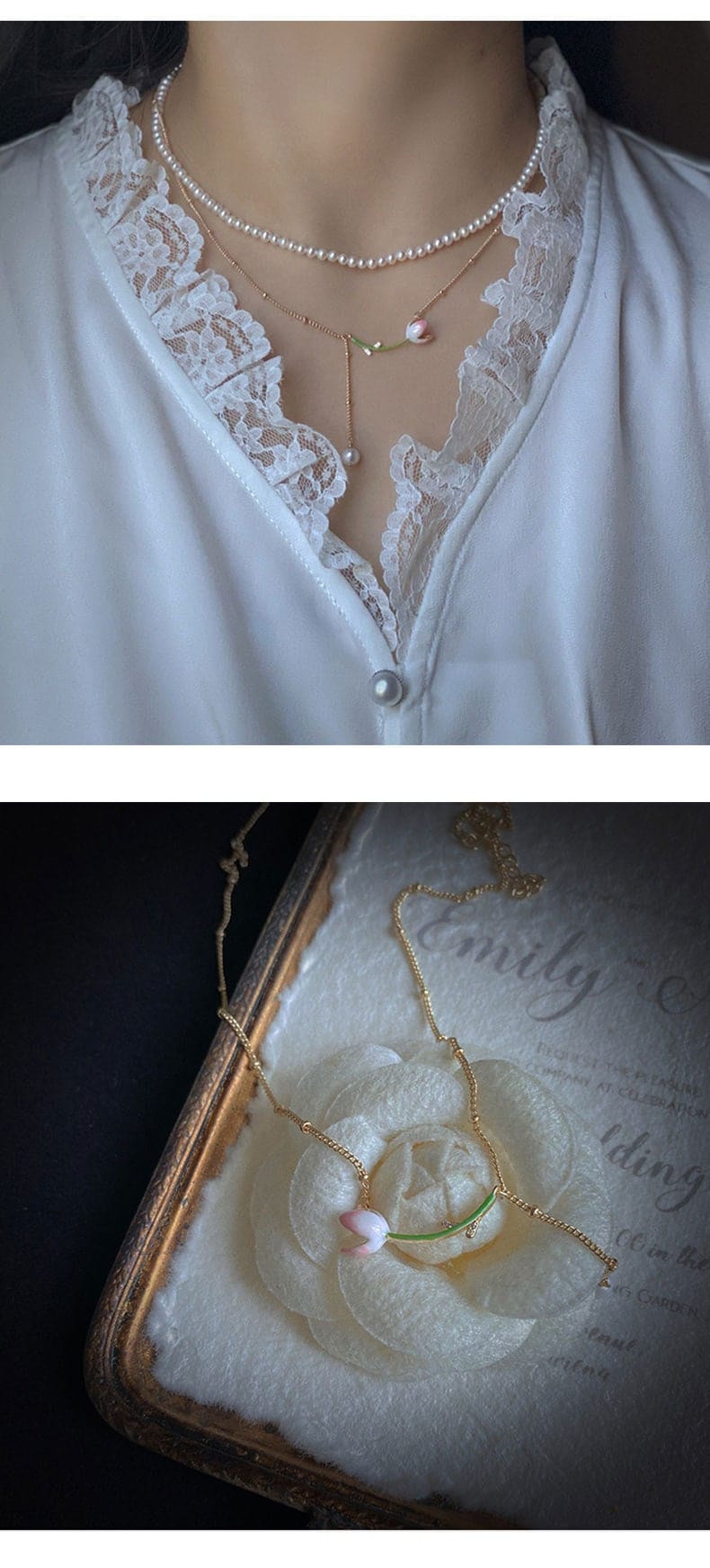 Collier chaîne rolo avec breloque en perles de tulipe en émail doux