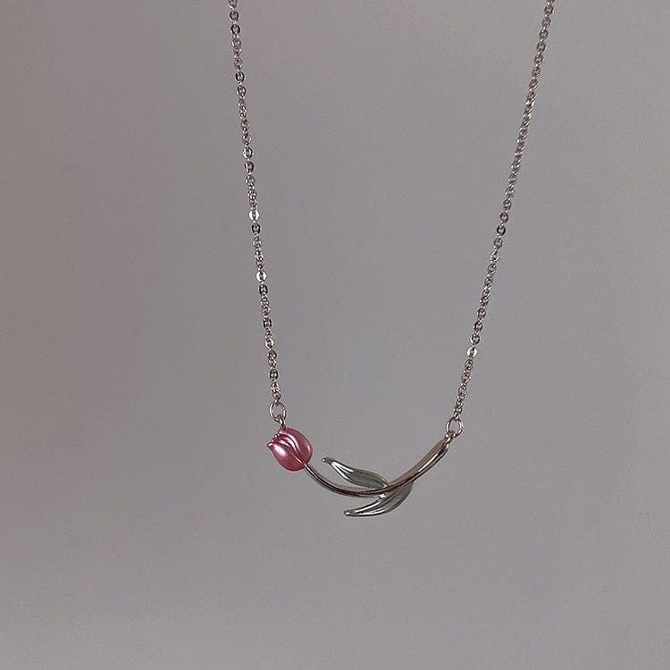 Collier chaîne tulipe rose en émail fait main