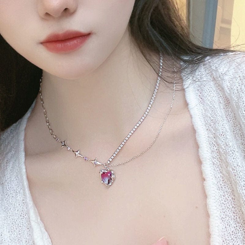 Purple Crystal Heart Pendant Star Chain Necklace