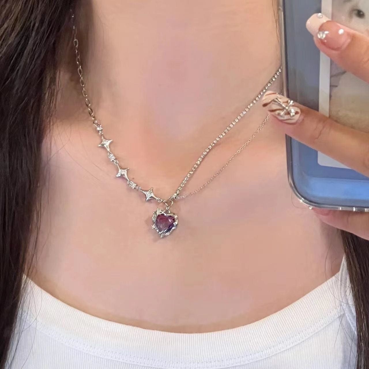 Purple Crystal Heart Pendant Star Chain Necklace