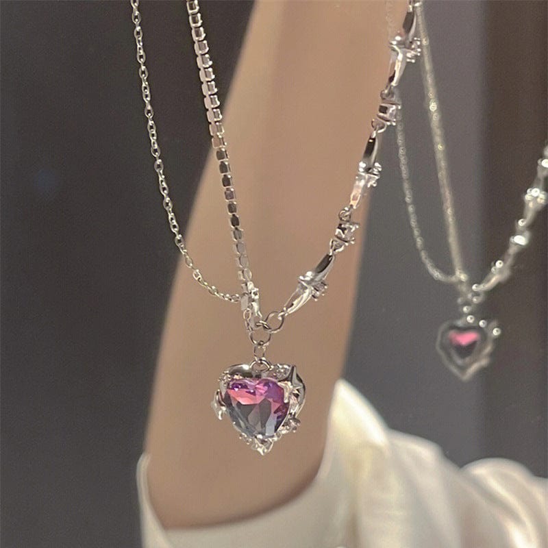 Purple Crystal Heart Pendant Star Chain Necklace