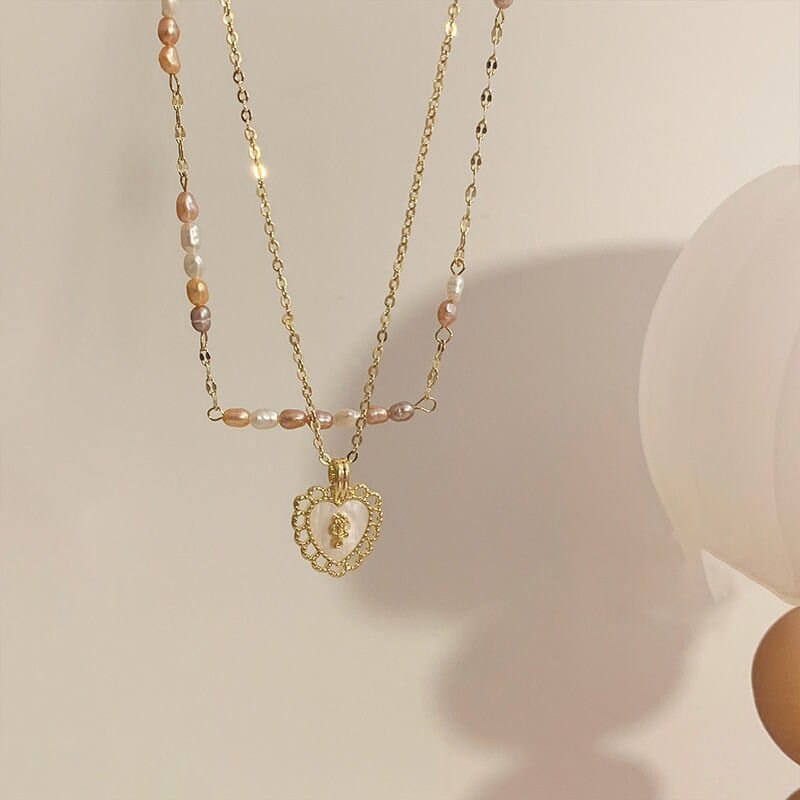 Floral Heart Pendant Pearl Chain Choker Necklace Set