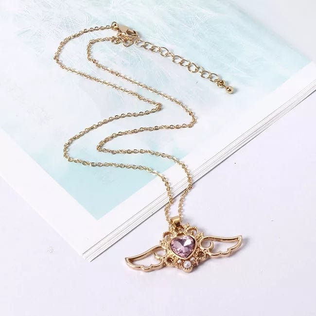 Pearl Colorful Crystal Angel Heart Wings Necklace