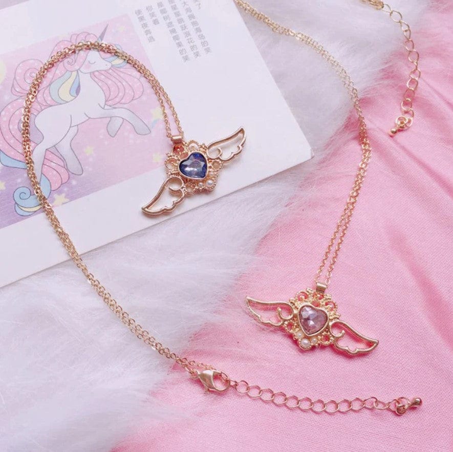Pearl Colorful Crystal Angel Heart Wings Necklace