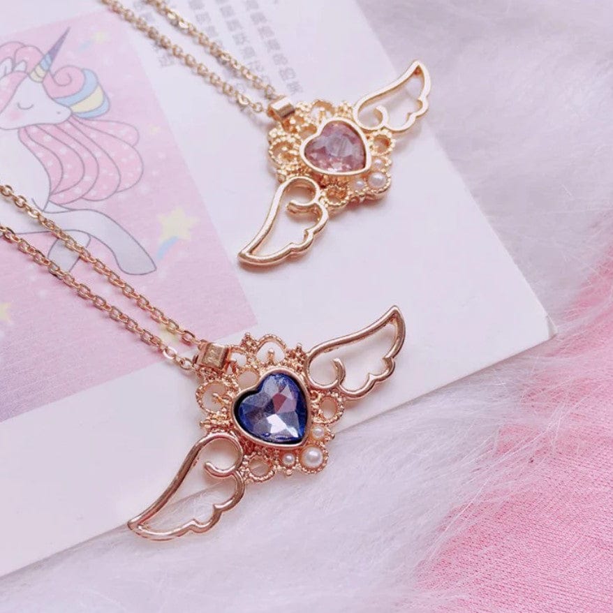 Pearl Colorful Crystal Angel Heart Wings Necklace