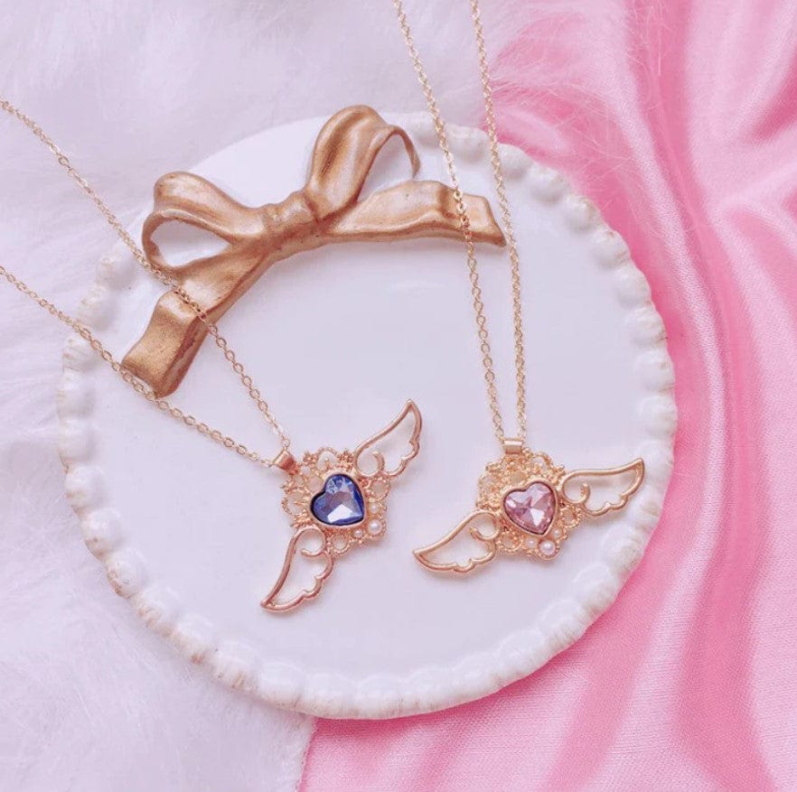 Pearl Colorful Crystal Angel Heart Wings Necklace