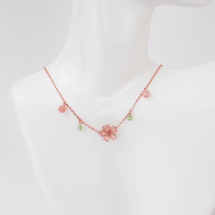 Charming Pink Crystal Flower Charm Necklace