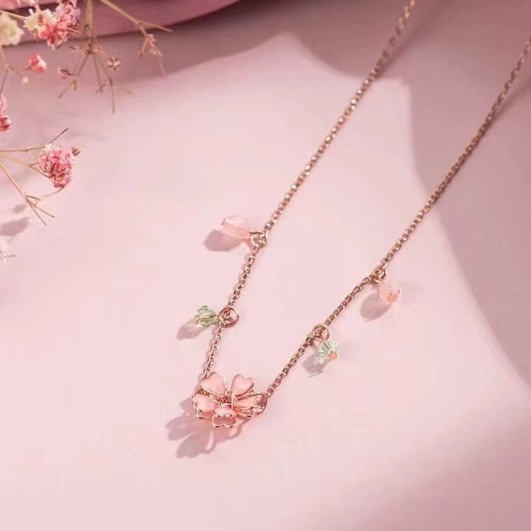 Charming Pink Crystal Flower Charm Necklace