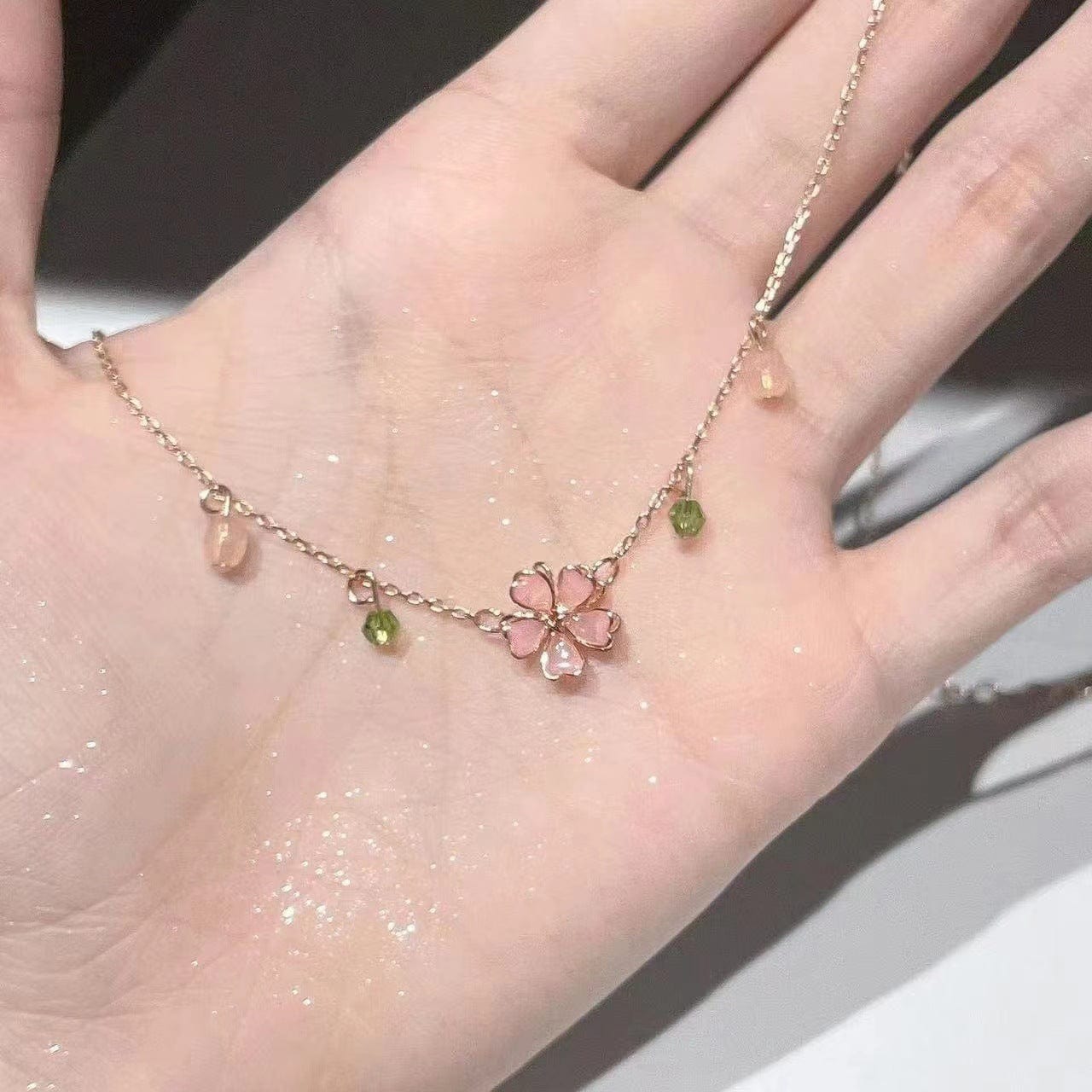 Charming Pink Crystal Flower Charm Necklace
