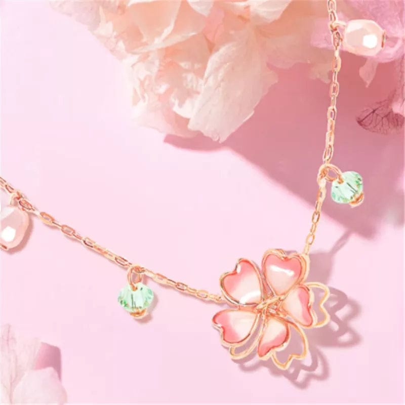Charming Pink Crystal Flower Charm Necklace