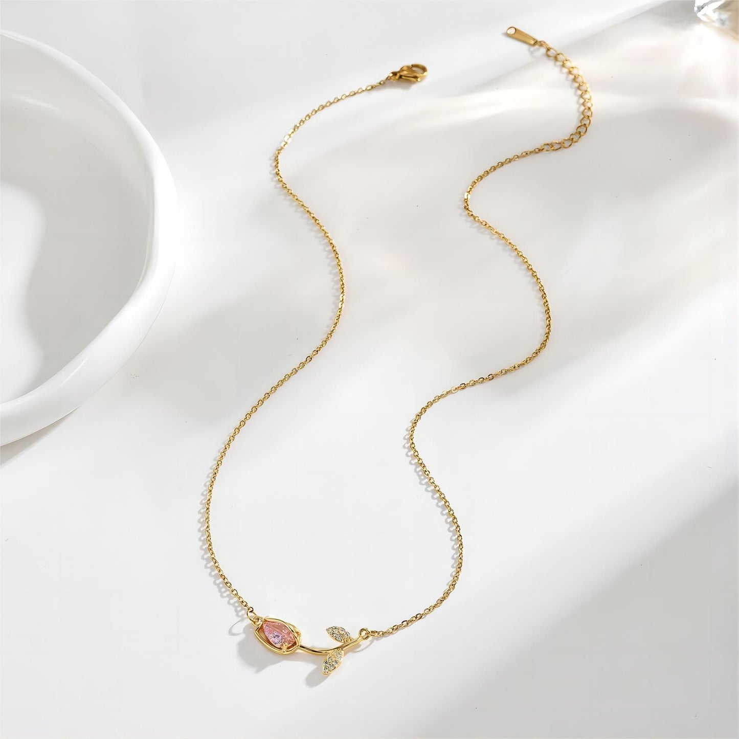 Pink Crystal Gold Tulip Chain Necklace