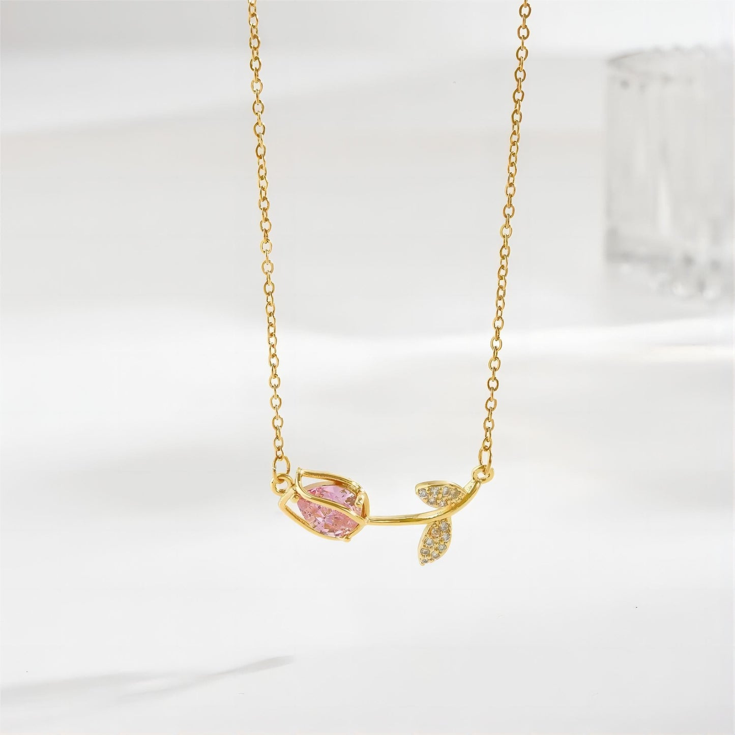 Pink Crystal Gold Tulip Chain Necklace