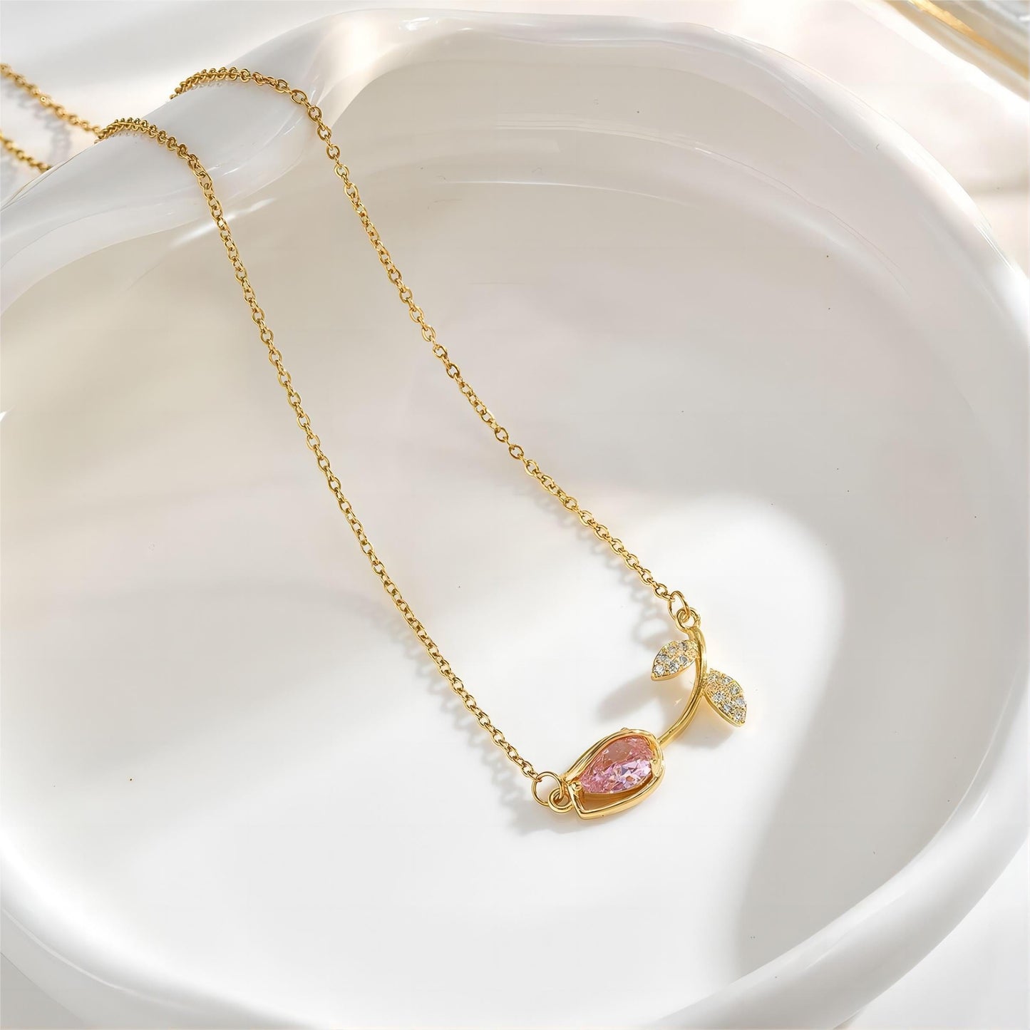 Pink Crystal Gold Tulip Chain Necklace