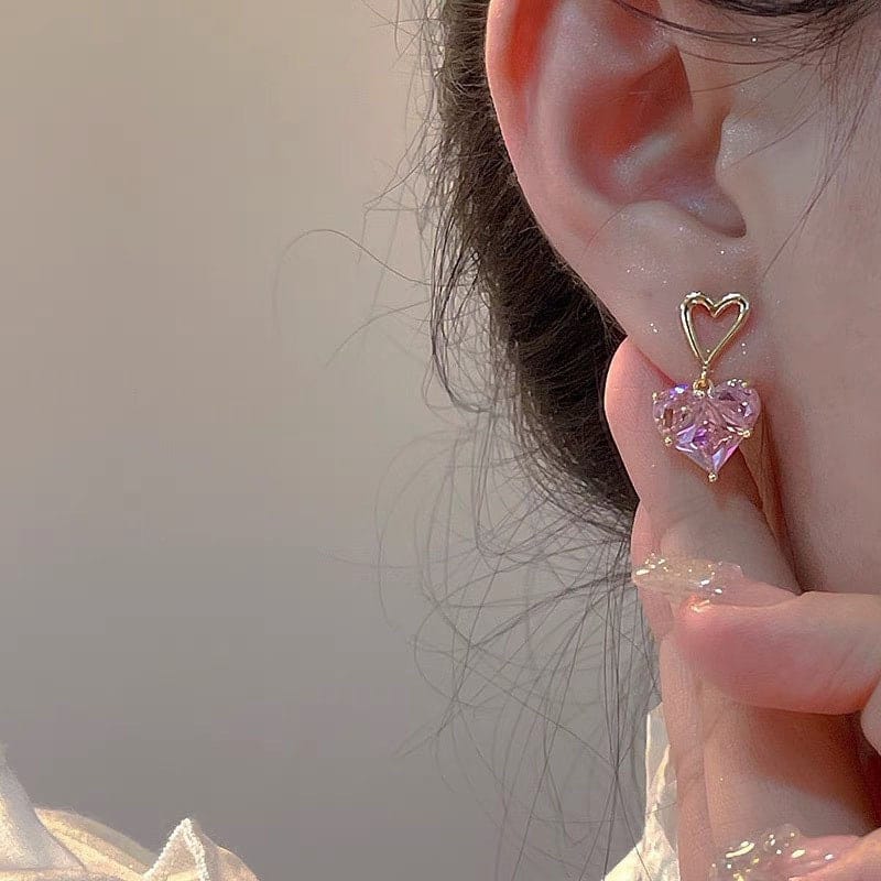 Rosa Strass Herz Anhänger Halskette Baumeln Ohrringe Set