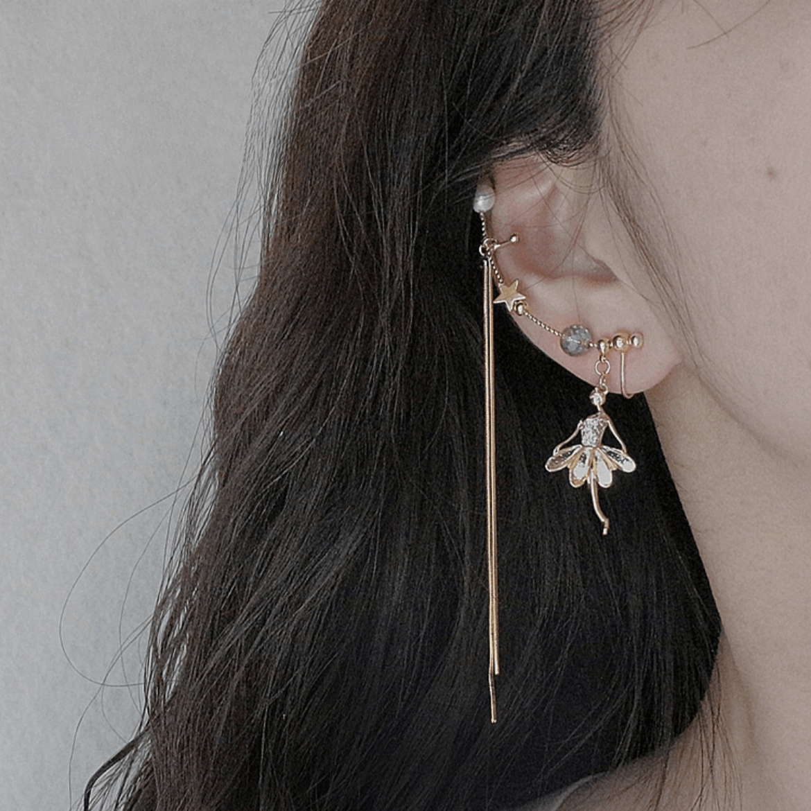 Rhinestone Ballet Dancer Dangle Ear Clip Earring