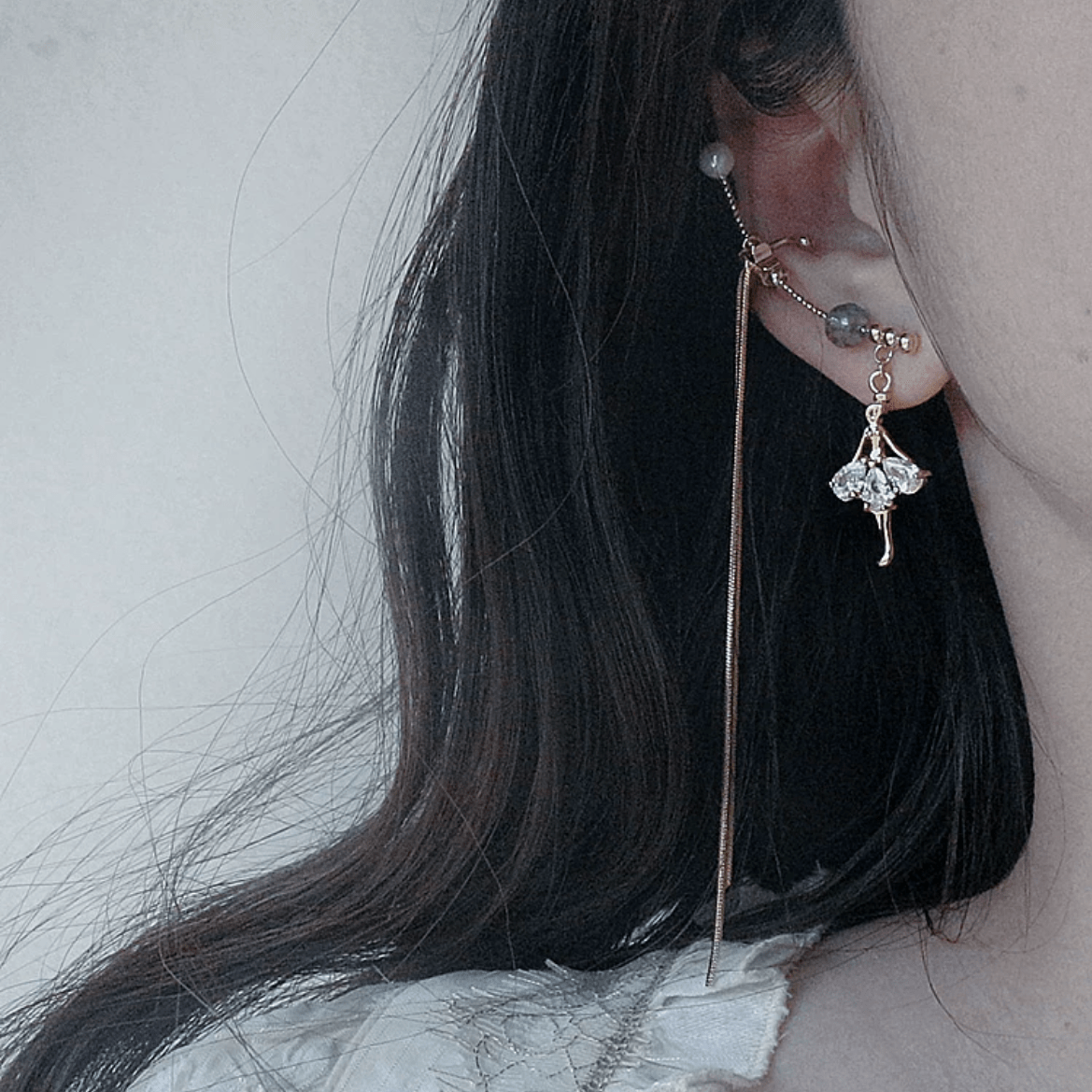 Rhinestone Ballet Dancer Dangle Ear Clip Earring