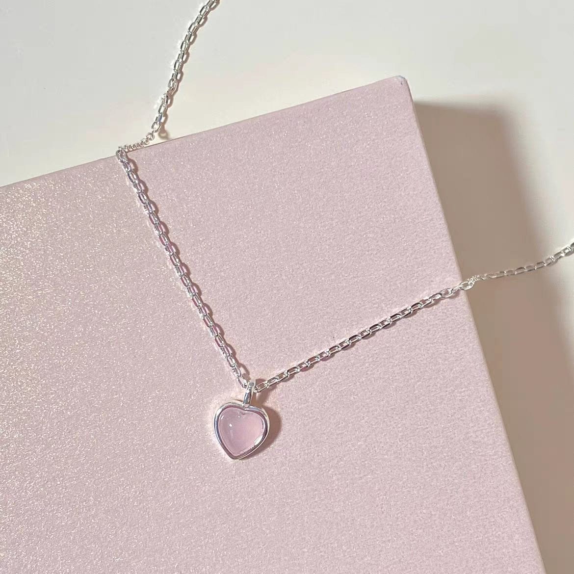 Sweet Silver Pink Opal Heart Necklace
