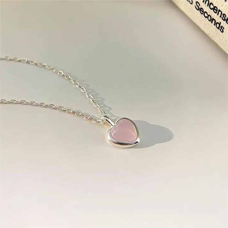 Sweet Silver Pink Opal Heart Necklace