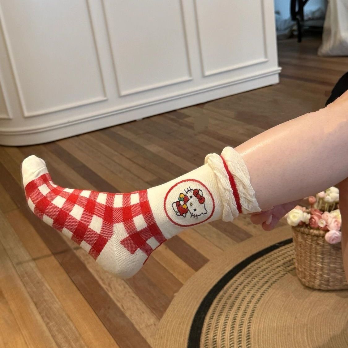 Cartoon Plaid Bubble Lace Kitty Tube Socks