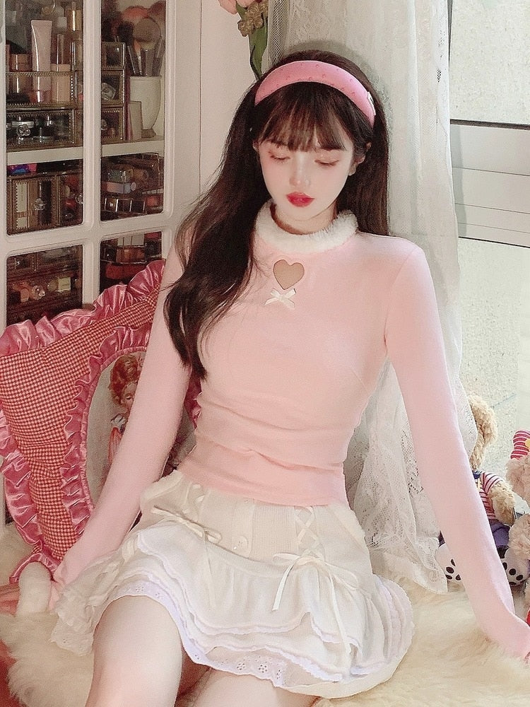 Dollette Skirt & Turtleneck Outfit - Pink / S - angel, belly shirt, crop tops, dollcore, dollette