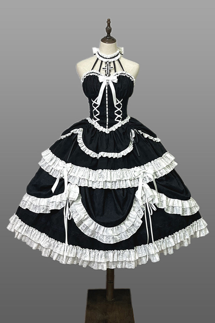 Princess Gothic Lolita Dress with Halterneck, Ruffle Bowknot and Lace Lace-Up
