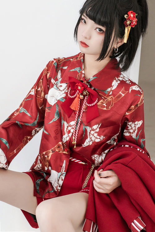 Burgundy Lily Rabbit Lapel Blouse with Long Sleeves