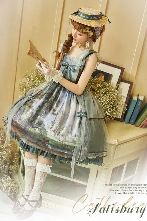 Emerald Salisbury Cathedral Oil Painting Print Classic Lolita JSK
