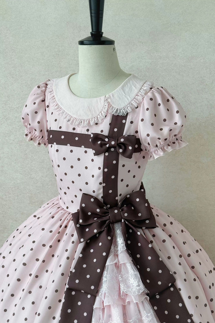 Canelé Gift Box Round Collar Short-Sleeve Polka Dot Ruffle Open Bow Asymmetric Lolita Dress V2