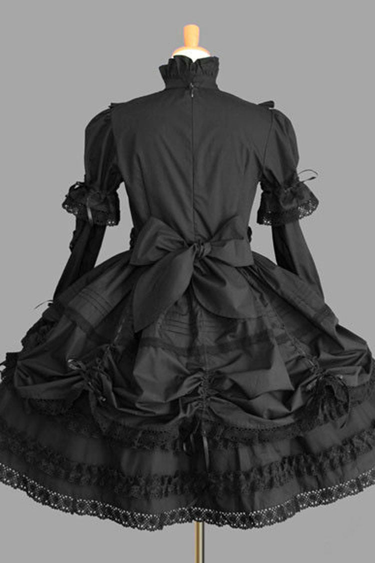 Gothic Lolita Dress in Cotton with Stand Collar, Bowknot and Multi-Layer Ruffles