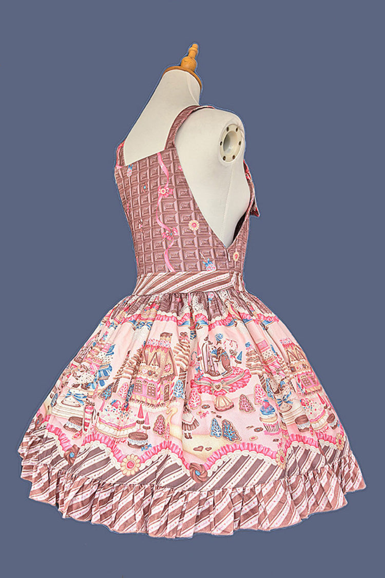 Sweet Lolita Strap Dress with Square Collar and Printed Ruffles