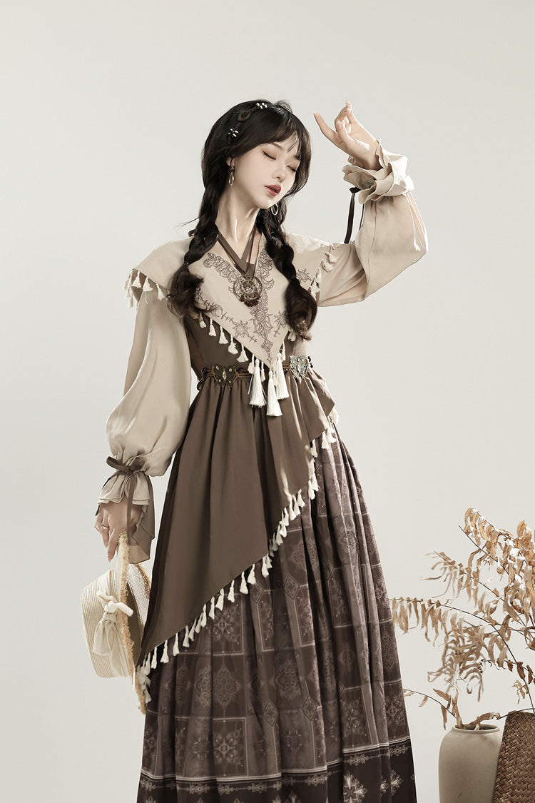 Chinese Style Lolita Dress with Lantern Sleeves and Asymmetric Ruffle