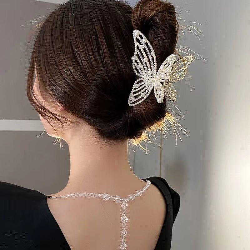 Pince à cheveux élégante en forme de papillon avec perles et strass