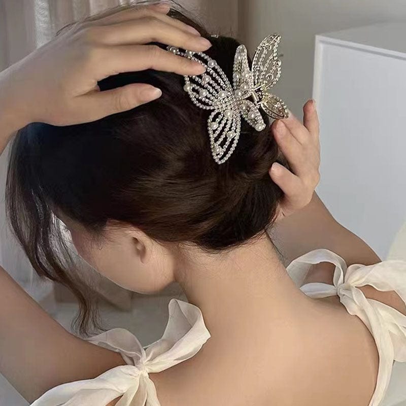 Pince à cheveux élégante en forme de papillon avec perles et strass