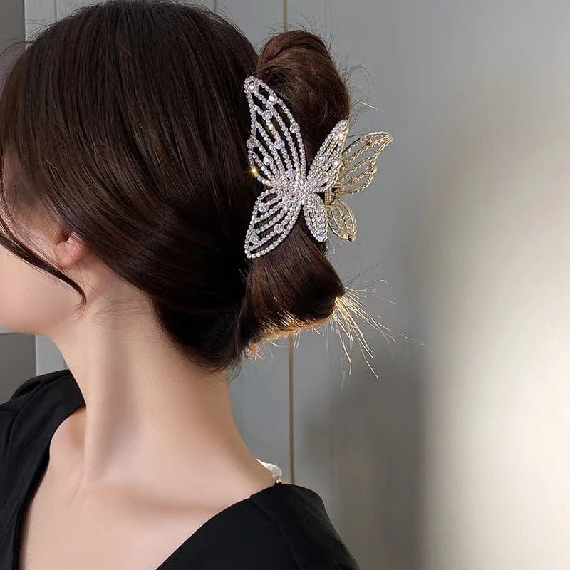 Pince à cheveux élégante en forme de papillon avec perles et strass