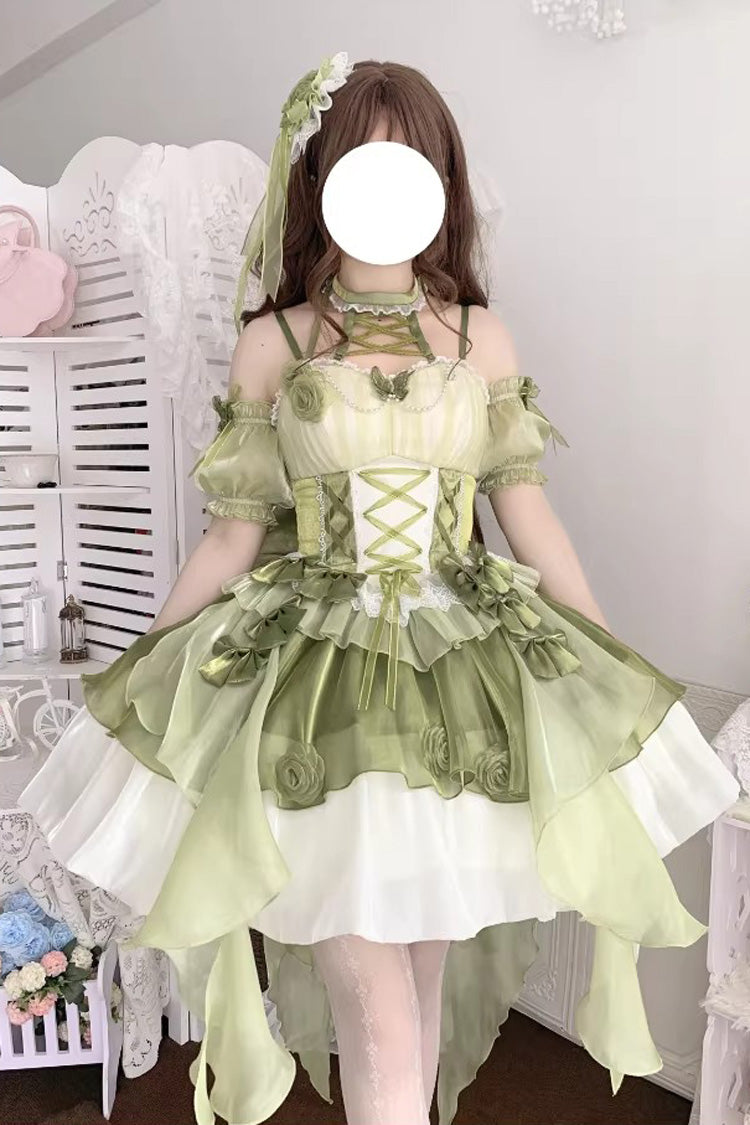 Emerald Camellia Covenant Halterneck Ruffled Bow Lace Lace-Up Sweet Lolita Jumper