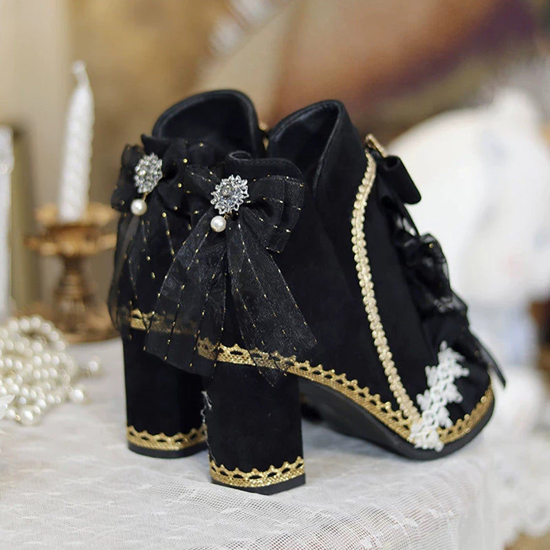 Sweet Luxurious Lolita Ankle Boots with Chunky Heel and Pom-Pom Bow Pearl Detail