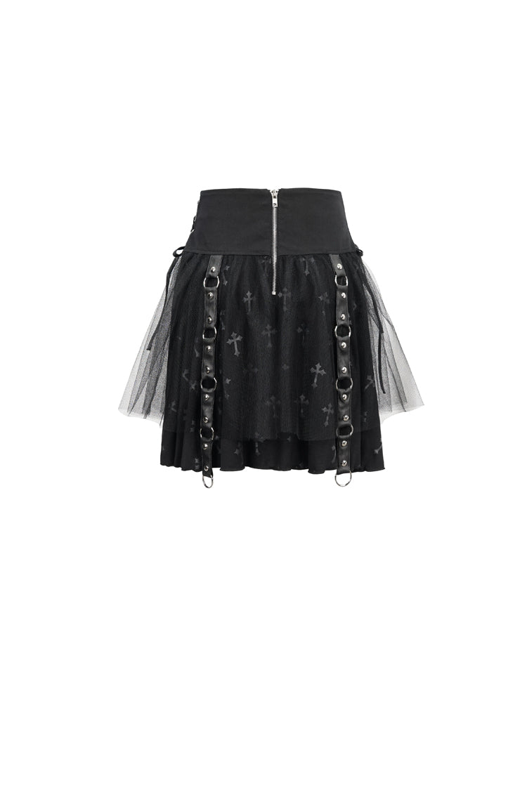 Women's Punk Skirt with Detachable Metal Chain and Cross Print Side Straps