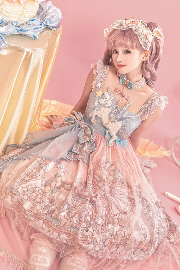 Pink Cloud Paradise Embroidered Ruffle Bow Lace Lolita JSK