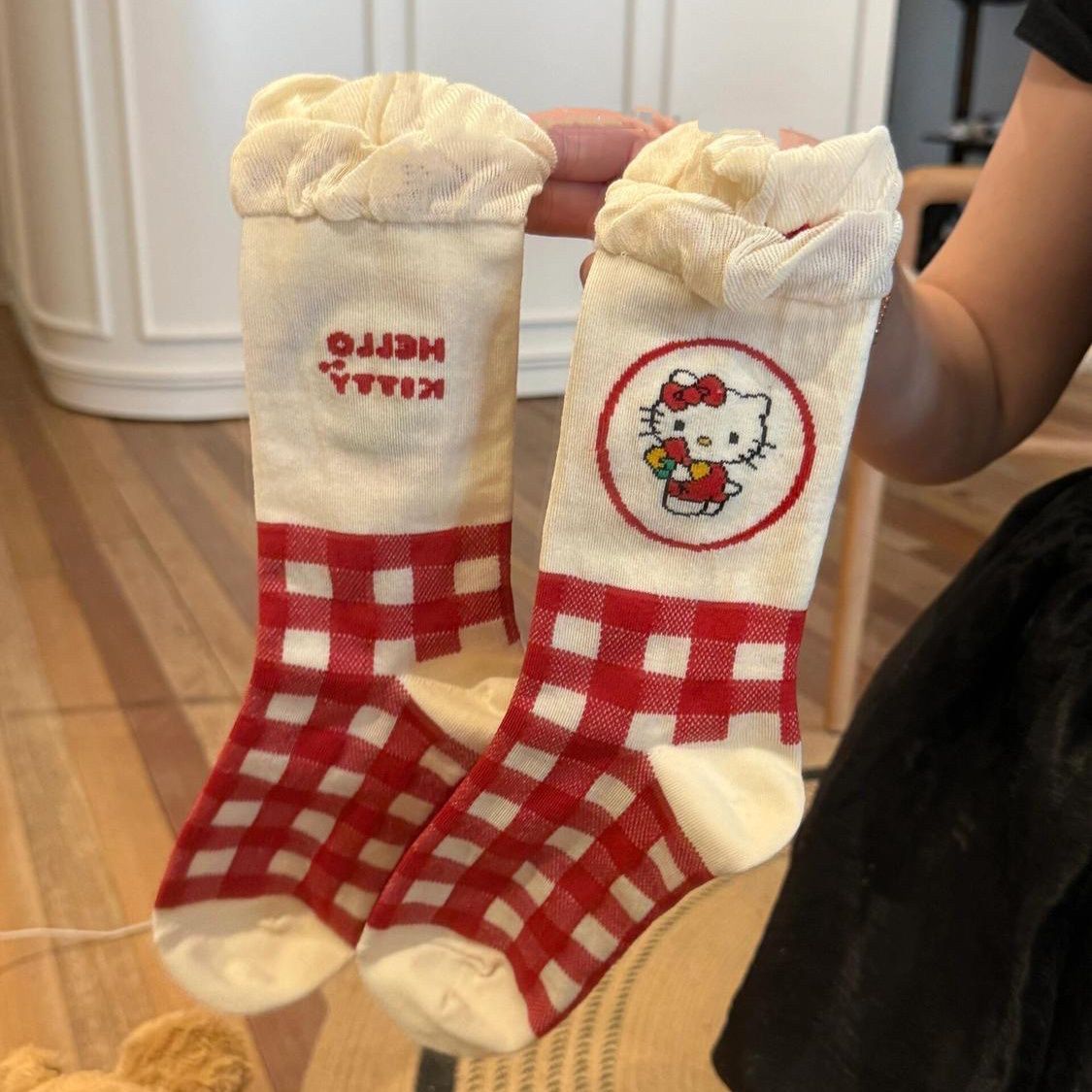 Cartoon Plaid Bubble Lace Kitty Tube Socks
