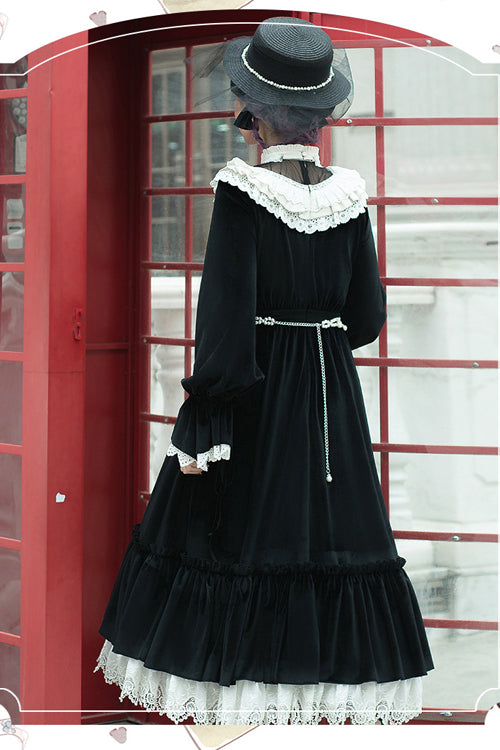 Elegant Velvet Collar Long-Sleeve OP Dress in Black