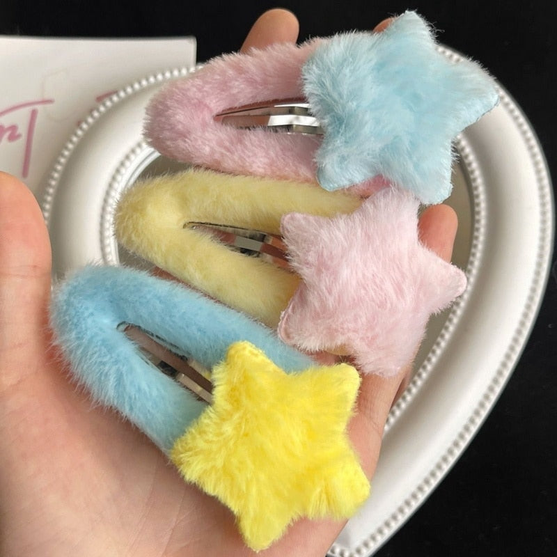 Fuzzy Star Hair Clips - barette, barettes, clips, furry, hair clip Kawaii Babe