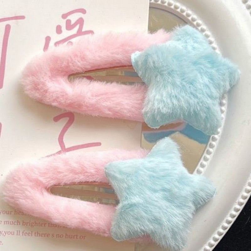 Fuzzy Star Hair Clips - barette, barettes, clips, furry, hair clip Kawaii Babe