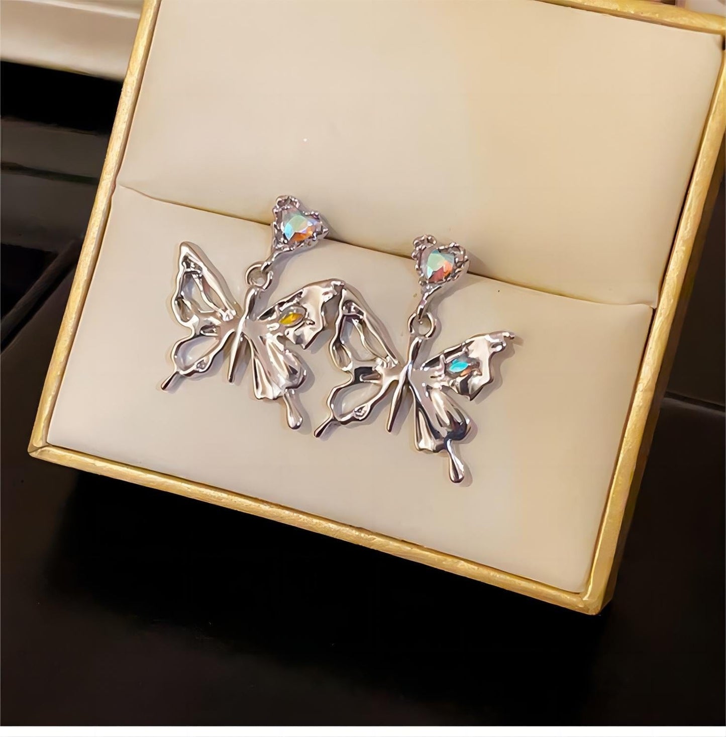 Crystal Inlaid Dangling Butterfly Earrings