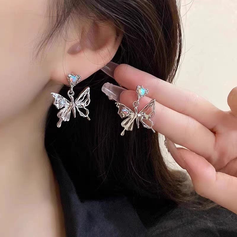 Crystal Inlaid Dangling Butterfly Earrings